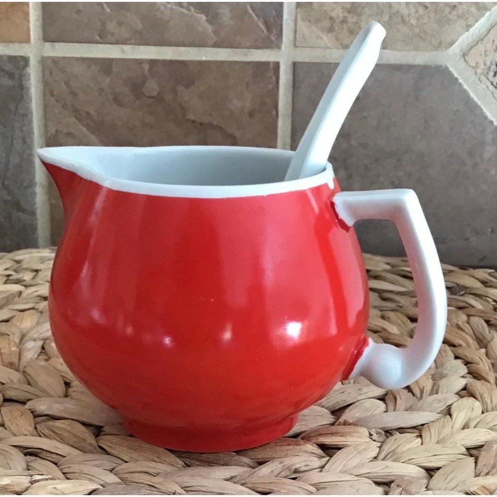 Vintage Erphila Czech 1/3L Art Deco Red Porcelain Pitcher and Spoon Set Creamer